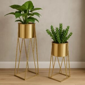 Golden Elegance Metal Planter Stand Set
