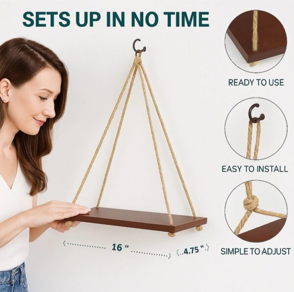 Rustic Rope Hanging Shelf with Planter Decor - Image 2
