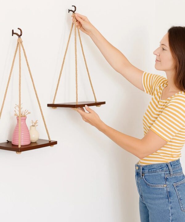 Rustic Rope Hanging Shelf with Planter Decor - Image 3