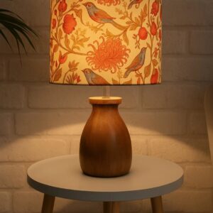 Wooden Base Table Lamp with Bird & Floral Print Shade
