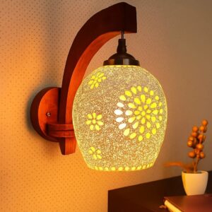 Elegant Floral Cut Glass Wall Lamp with Wooden Bracket