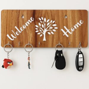 Wooden Wall Mounted Key Holder with "Welcome Home" Design and Tree Cutout