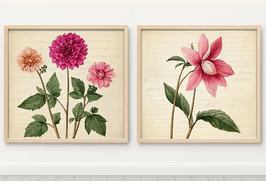 Vintage Botanical Floral Wall Art - Set of 2
