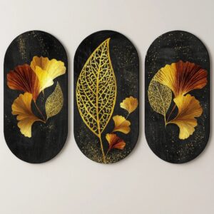 Golden Ginkgo & Leaf Wall Art Panel – Set of 3