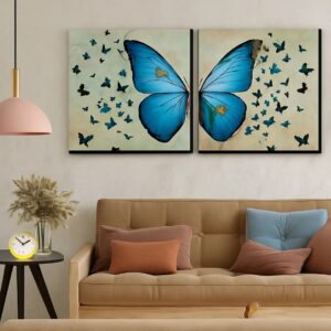 Blue Butterfly Split Canvas Wall Art (Set of 2)